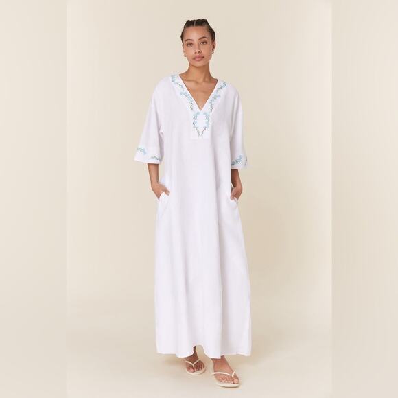 NWT Fanm Mon x Andie Kepez Kaftan Embroidered Dress White 100% Linen
Size Small - Picture 1 of 13